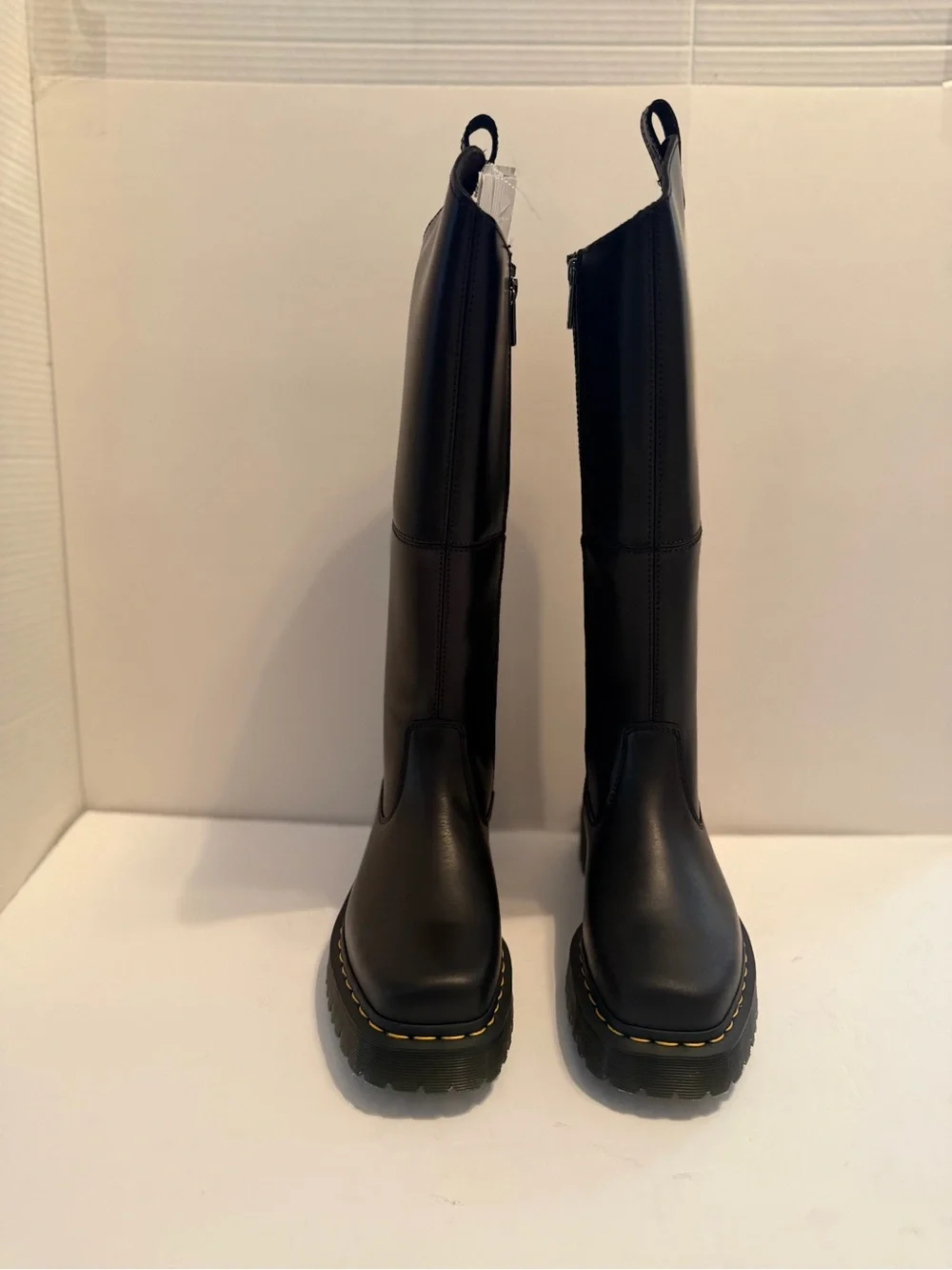 NWT Dr. Martens Amaayah Black Tall Leather Lug-Sole Boots with Yellow Stitching